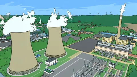 A large cylindrical concrete containment structure of a nuclear power plant with cooling towers in the background.