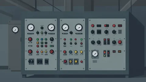 A complex array of industrial control panels with physical toggle switches and analog gauges in a dimly lit facility