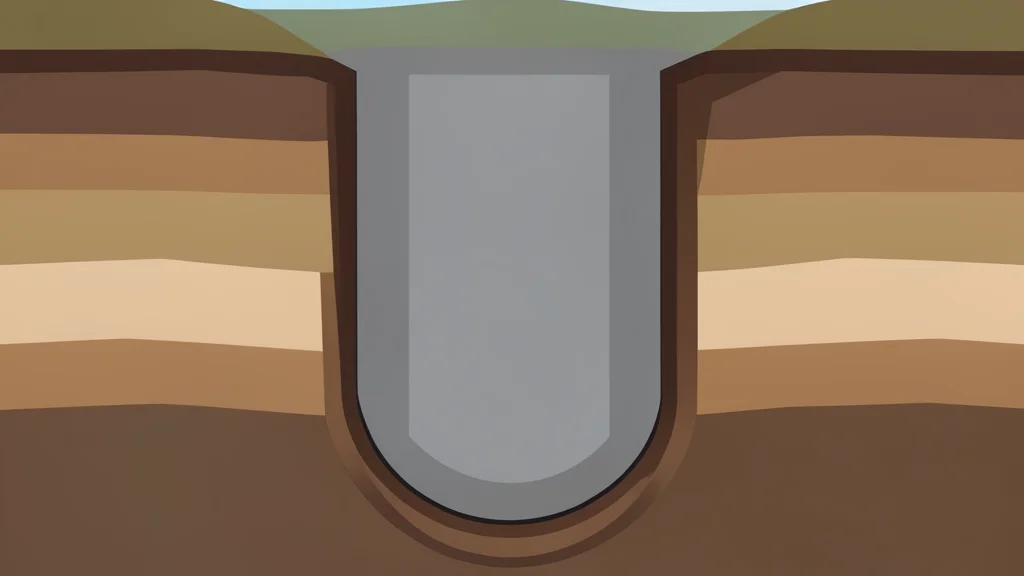 A cross-section of a deep geological borehole containing a cylindrical reactor core at the bottom, surrounded by rock strata.