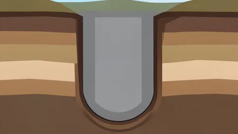 A cross-section of a deep geological borehole containing a cylindrical reactor core at the bottom, surrounded by rock strata.