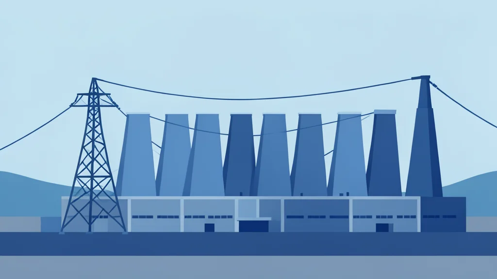 A flat vector illustration of a large industrial building with cooling towers and high-voltage power lines.