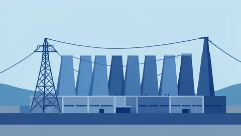 A flat vector illustration of a large industrial building with cooling towers and high-voltage power lines.