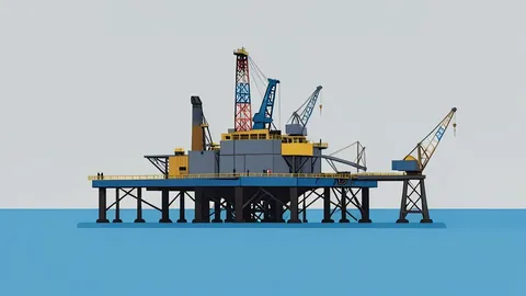 An offshore oil platform with drilling rigs standing in the sea