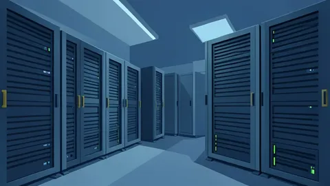 Rows of humming server racks in a dimly lit data center
