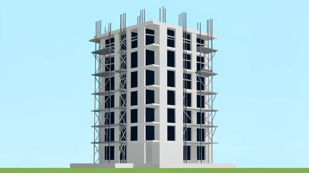 A concrete high-rise building under construction with visible steel rebar and scaffolding.