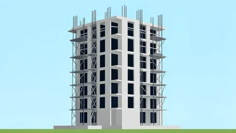 A concrete high-rise building under construction with visible steel rebar and scaffolding.