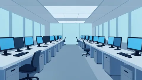 A stylized flat vector illustration of a trading floor with rows of desks and computer monitors.