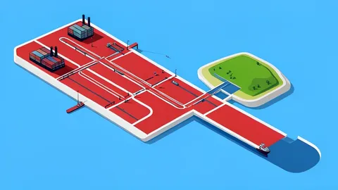 A flat-vector illustration of a red sea port with shipping lanes and a strategic island overlooking the waterway.
