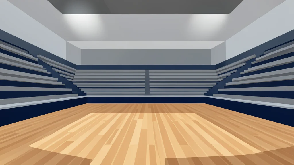 A vast, empty indoor basketball arena with gleaming hardwood floors and tiered seating rising into the shadows.