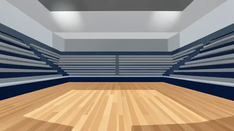 A vast, empty indoor basketball arena with gleaming hardwood floors and tiered seating rising into the shadows.