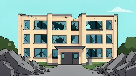 A damaged hospital building with broken windows and rubble in the foreground