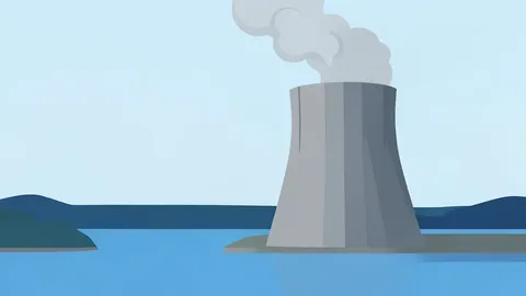 A large concrete cooling tower with steam rising from the top, situated next to a river