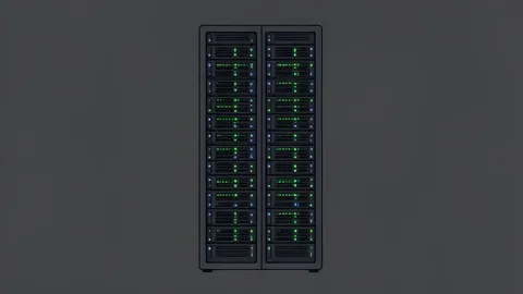 A server rack with glowing status lights