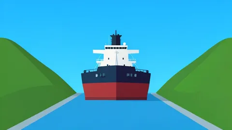 A large oil tanker ship navigating through a narrow strait between two landmasses.