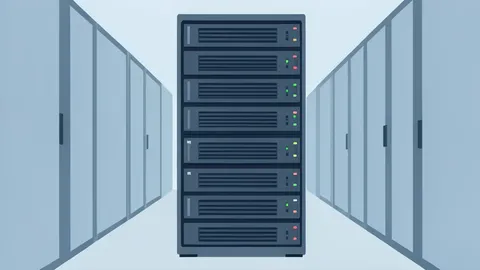 A stylized flat-vector illustration of a server rack in a data center.