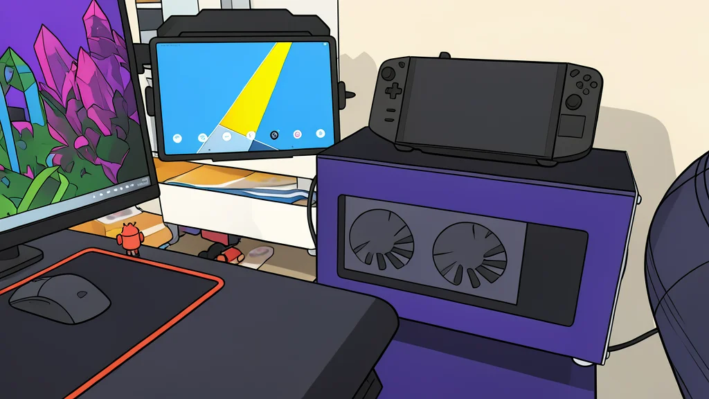A flat-vector illustration of a handheld gaming console connected by a cable to a separate external graphics card unit.