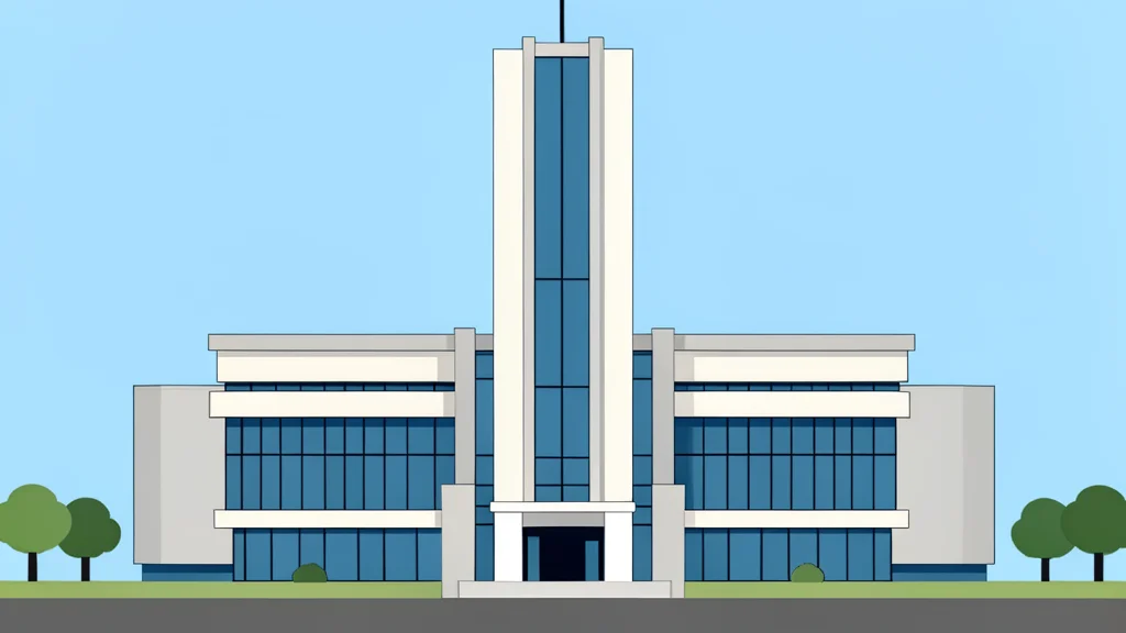 A modern central bank building featuring a large glass facade and sturdy stone columns.