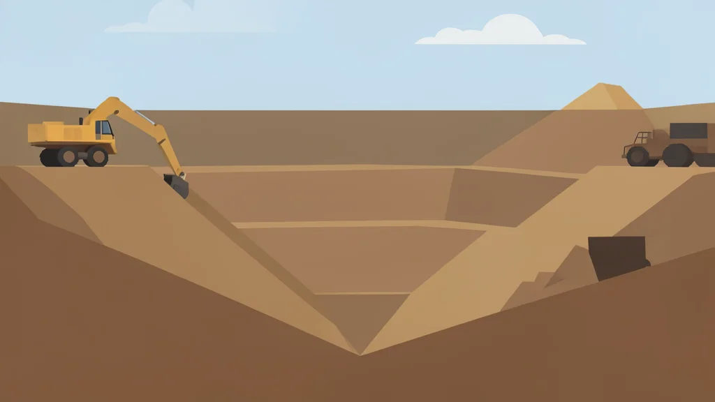 An open-pit gold mine with terraced earth walls and heavy mining equipment