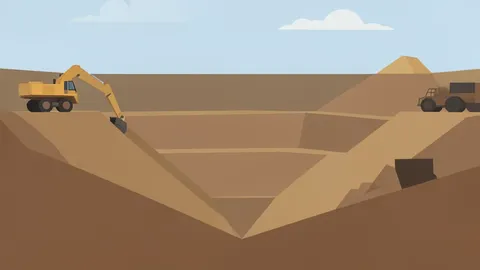 An open-pit gold mine with terraced earth walls and heavy mining equipment