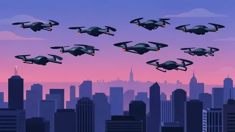 A cluster of jet-powered drones flying over a city skyline at dusk