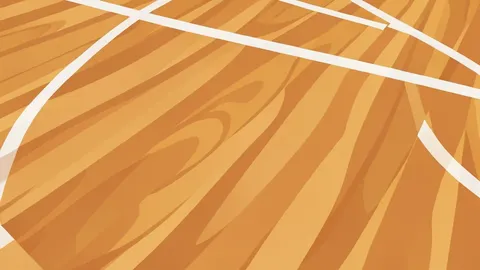 A wooden basketball resting on a polished hardwood court floor