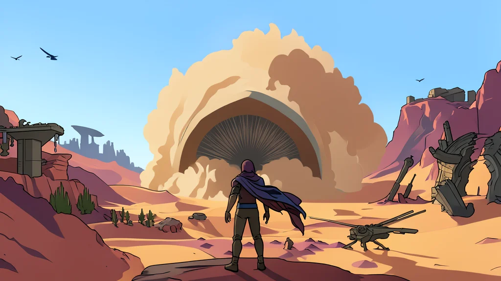 A desert landscape with sand dunes and a futuristic base structure