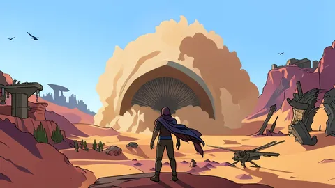 A desert landscape with sand dunes and a futuristic base structure