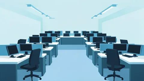 A flat vector illustration of a trading floor with rows of desks and monitors.