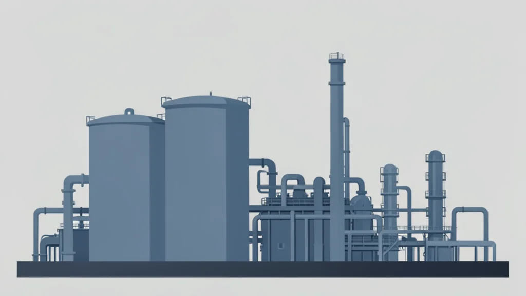 A flat-vector illustration of a large industrial refinery complex with storage tanks and processing units.