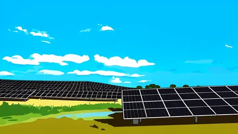A field of large, dark blue photovoltaic panels arranged in rows under a clear sky