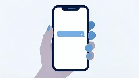 A hand holding a smartphone with a simple chat interface and a blinking cursor