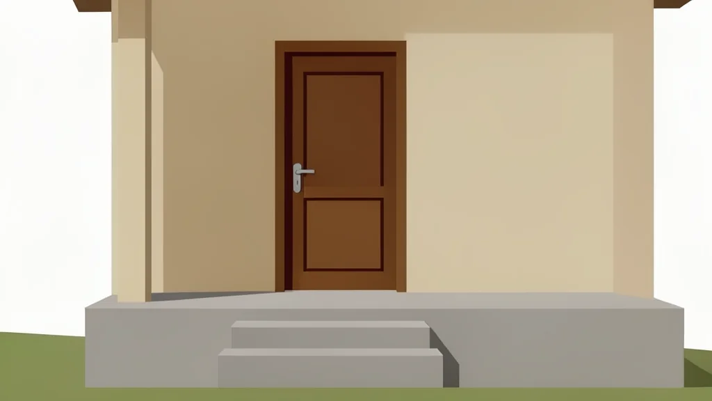 A wooden front door of a suburban house with a porch
