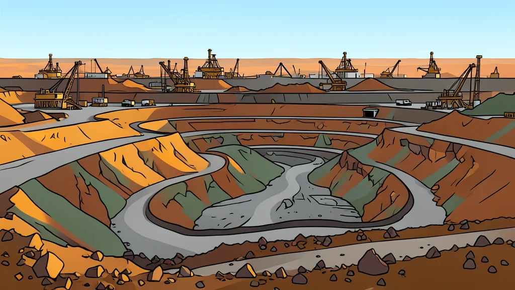 A vast open-pit mine with terraced earth walls and heavy industrial processing equipment in the background