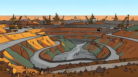 A vast open-pit mine with terraced earth walls and heavy industrial processing equipment in the background