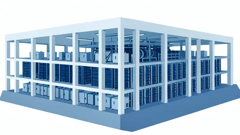 A large industrial data center building with rows of cooling units and server racks visible through open bays