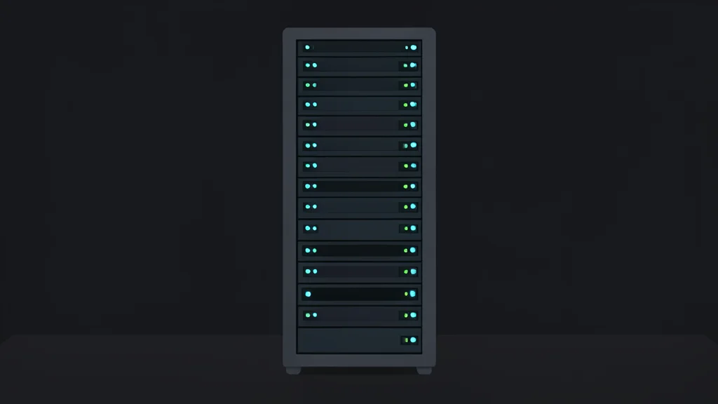 A server rack with blinking status lights in a dark room