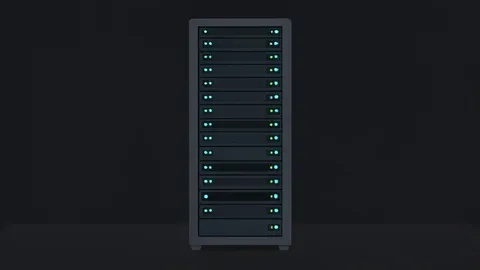 A server rack with blinking status lights in a dark room