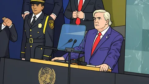 A flat-vector illustration of the curved blue windows and white pillars of the United Nations General Assembly Hall.