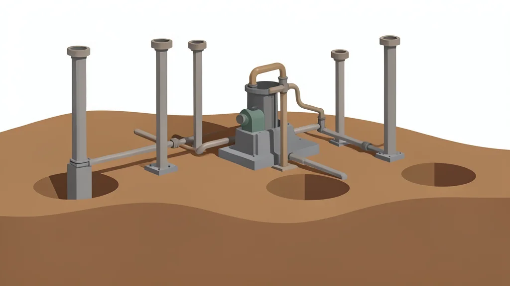 A network of industrial extraction wells and pumping equipment situated in a clay landscape