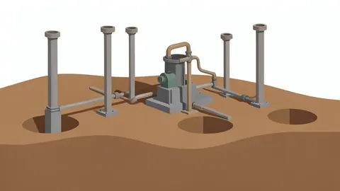 A network of industrial extraction wells and pumping equipment situated in a clay landscape