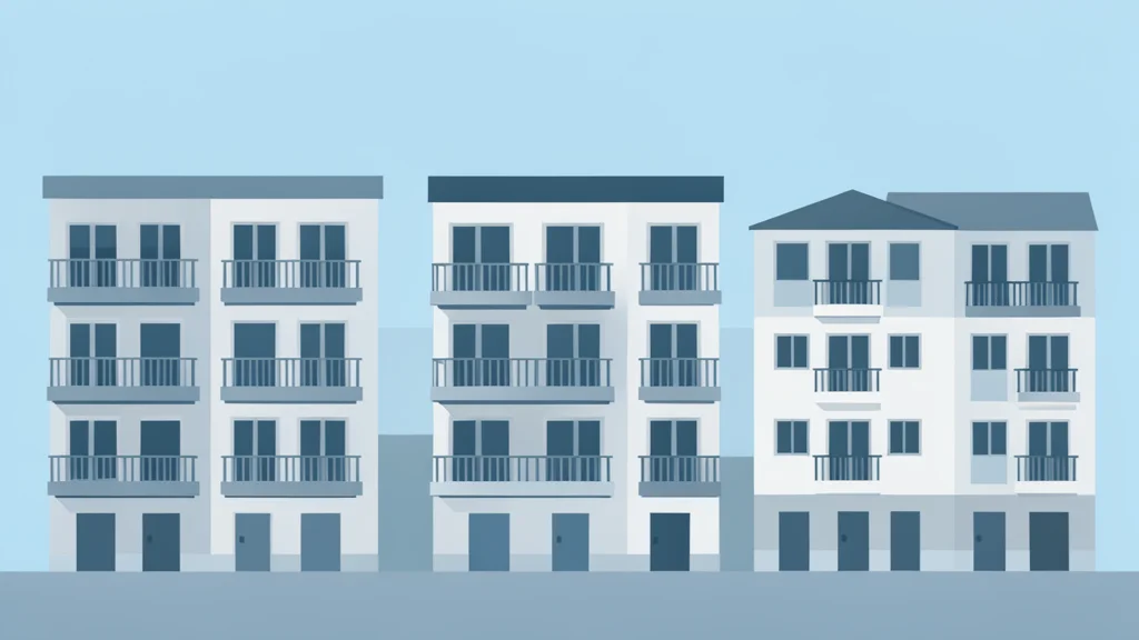 A row of multi-story apartment buildings with balconies under a clear sky