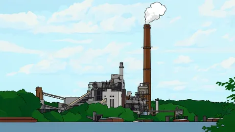 A flat vector illustration of a coal power plant with smokestacks and cooling towers.