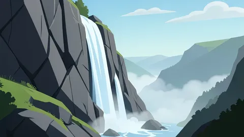 A rugged granite cliff face with a waterfall cascading down into a misty valley