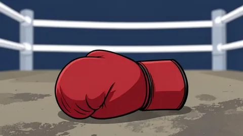 A pair of red leather boxing gloves resting on a canvas ring floor