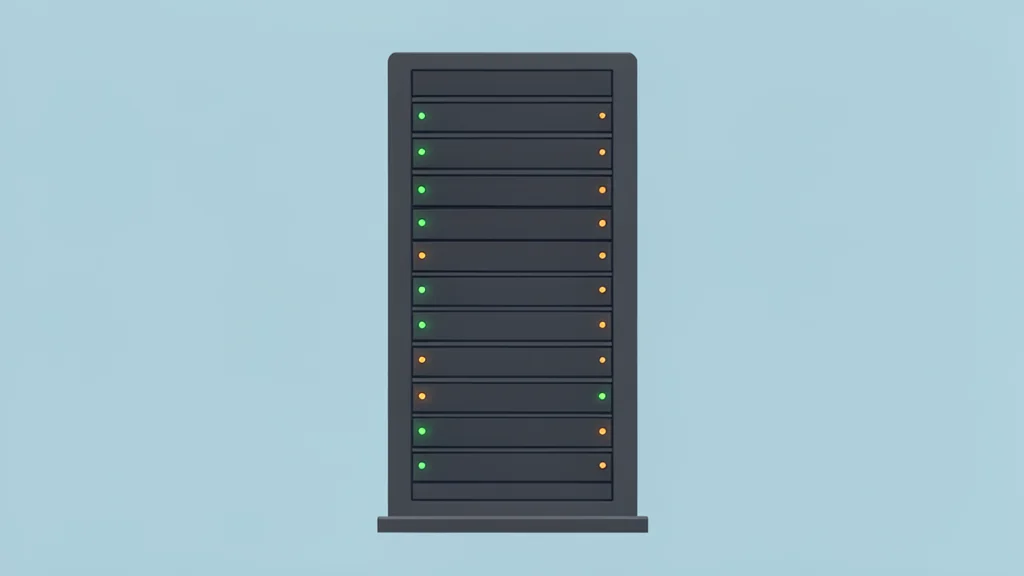 A flat-vector illustration of a server rack with blinking status lights.