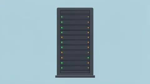A flat-vector illustration of a server rack with blinking status lights.