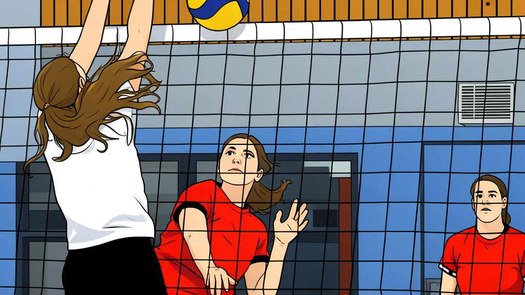 A white volleyball resting on a wooden indoor sports court floor