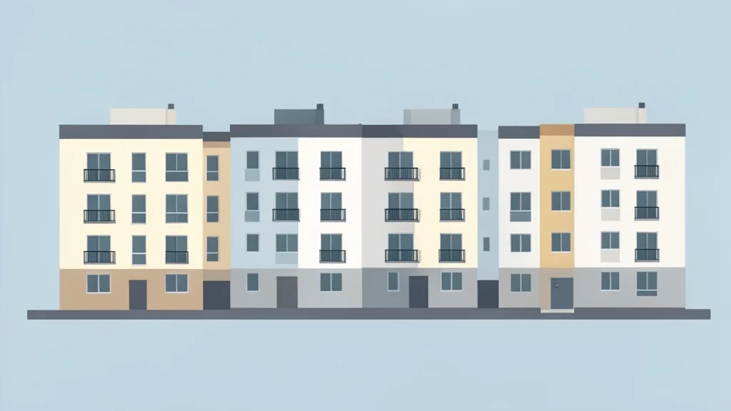 A row of multi-story residential apartment buildings with balconies