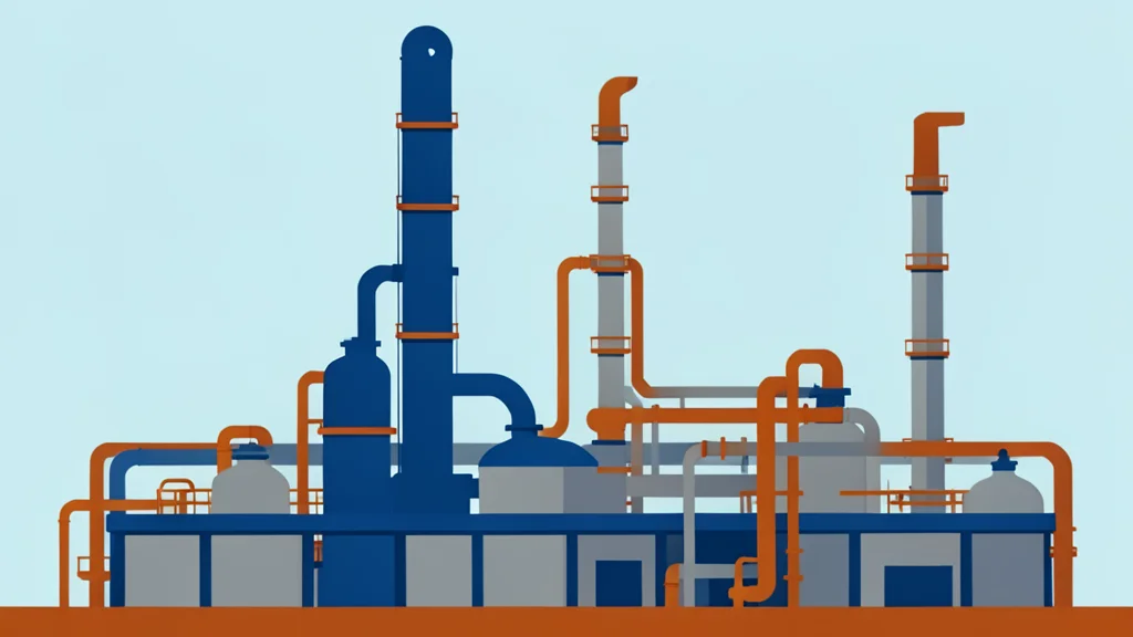 A flat vector illustration of an industrial oil refinery with tall distillation towers and complex piping.