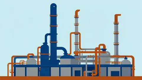 A flat vector illustration of an industrial oil refinery with tall distillation towers and complex piping.